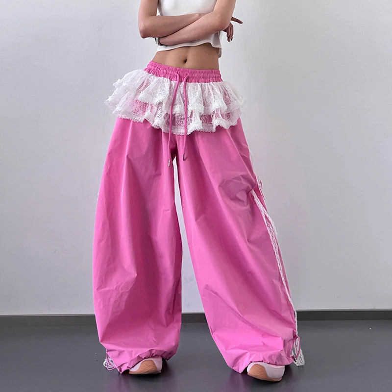 Women's Patchwork Lace Skirt Casual Wide Leg Pants Spring Summer Niche Design Contrasting Style for Fashionable Ladies