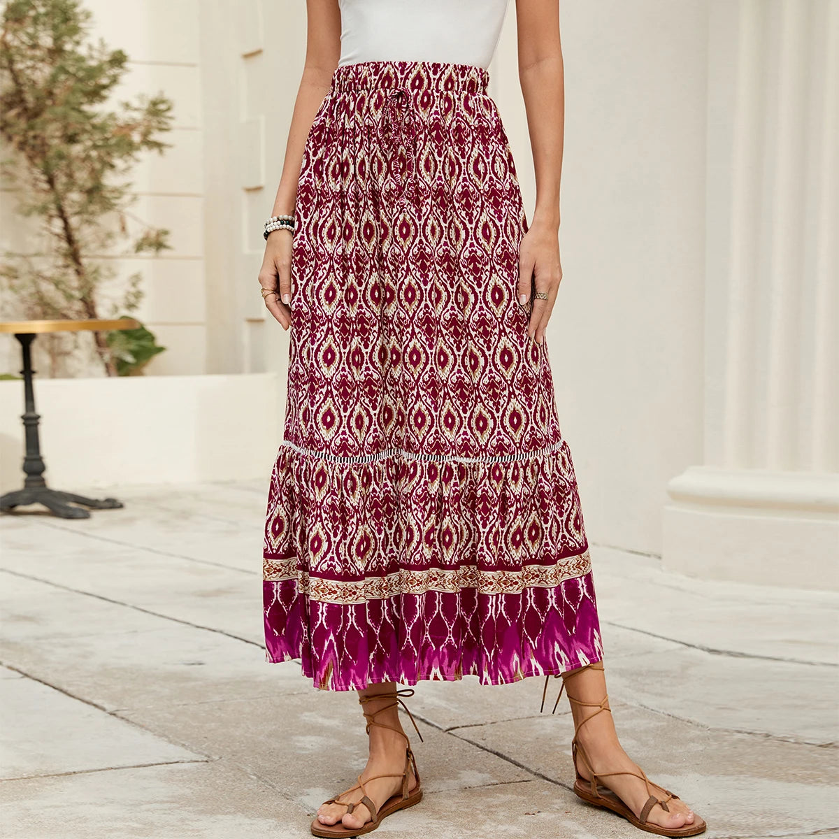 Beachside Bohemian Print Half Skirt Summer Vacation Large Flounce Skirt Polyester Fiber Floral Pattern Gathered Decoration
