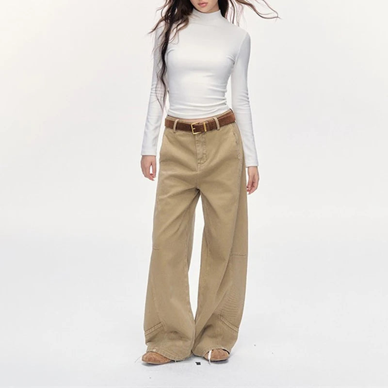 2026 New Casual Khaki Wide Leg Jeans Women Casual Loose High Waist Full Length Trousers American Vintage Streetwear Denim Pants
