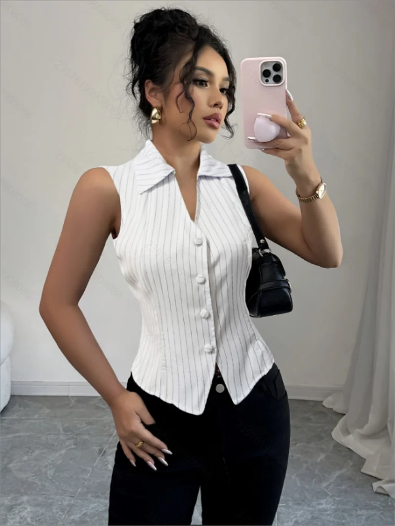 Summer new European and American style striped sleeveless shirt slim fit shirt cardigan top