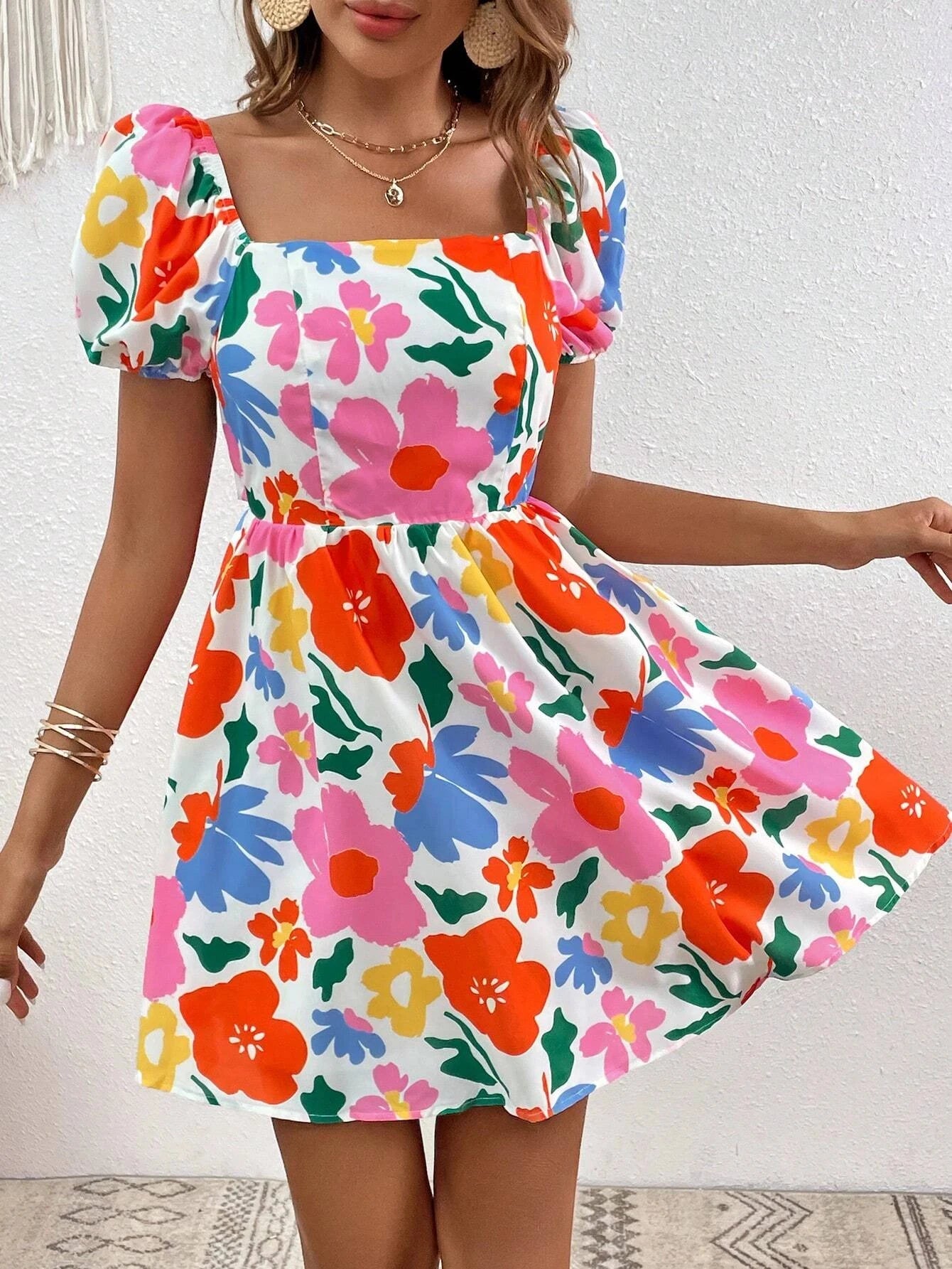 Female Sundress Summer Beach Holiday Women's Bohemian Short Sleeve Dress Printed Bubble Sleeve Mini Dresses Women's Clothing