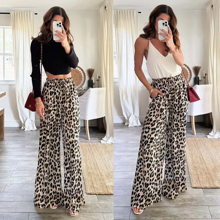 New 2025 Cross-Border Wide Leg Casual Pants Leopard Print Spring New Straight Long Trousers Comfortable Loose Fit Women's Jeans