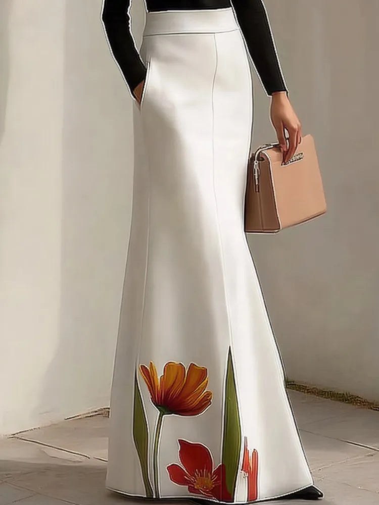 Missuoo 2026 Summer Fashion Women's White Floral Print Mermaid Maxi Skirt Elastic High Waist Bodycon Elegant Evening Skirts