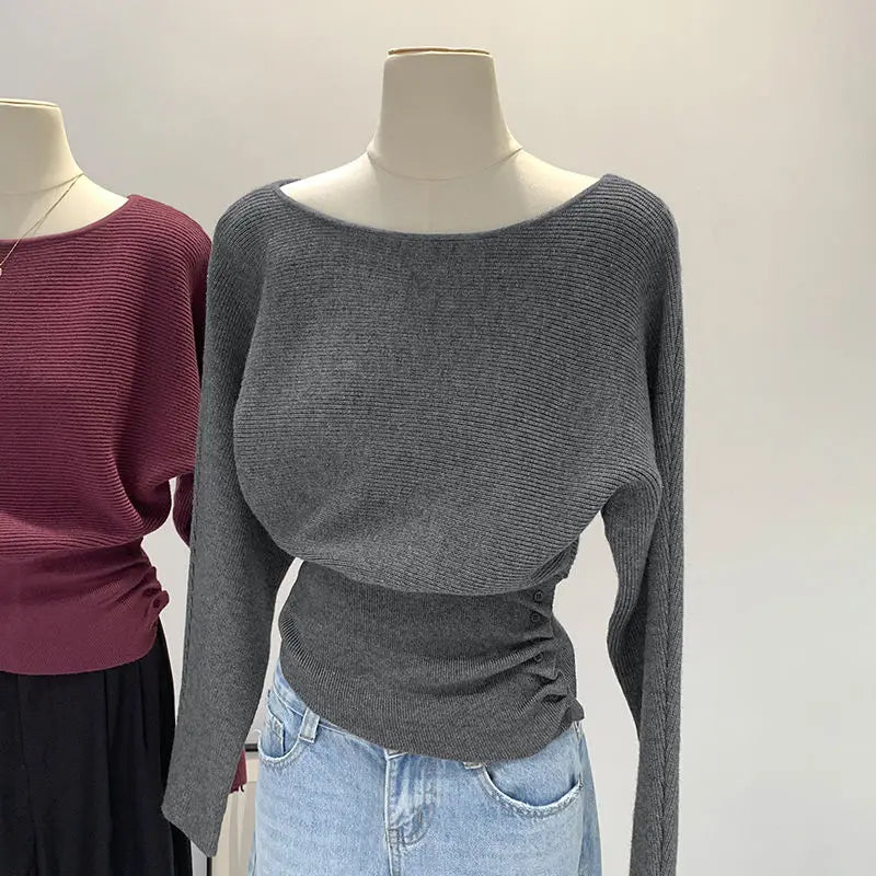 Solid Color Fashionable One-shoulder Off-shoulder Korean Sweater for Women in Autumn and Winter Slim Sweater Underwear Top