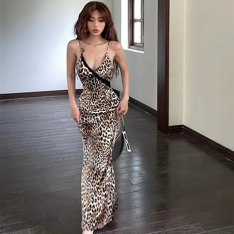 Candyhot Sexy Retro Leopard Pattern Dress Summer Casual New Y2K Tight Sleeveless V-neck Slip Dress High Street Party Long Dress