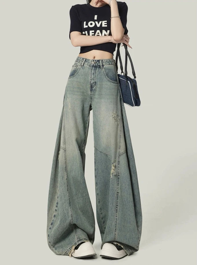 American High Street Retro Women Jeans Simple Basic High Waist Slim Woman Jeans Holes Casual Loose Chic Wide Leg Pants Female
