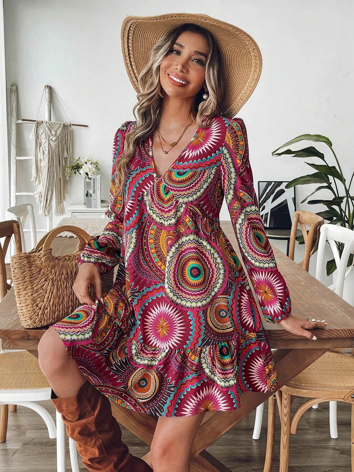 Fashionable V-Neck Printed Lantern Sleeve Maxi Dress Mini Skirt Polyester Fiber Full Sleeve Regular Waist Line Chinese Style