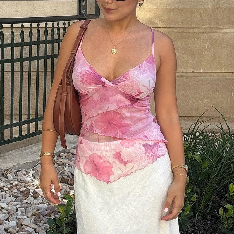 Women Summer Vintage y2k Aesthetic Crop Tops Floral Print Boho Sleeveless Spaghetti Strap Mesh See Through Coquette Tanks Camis