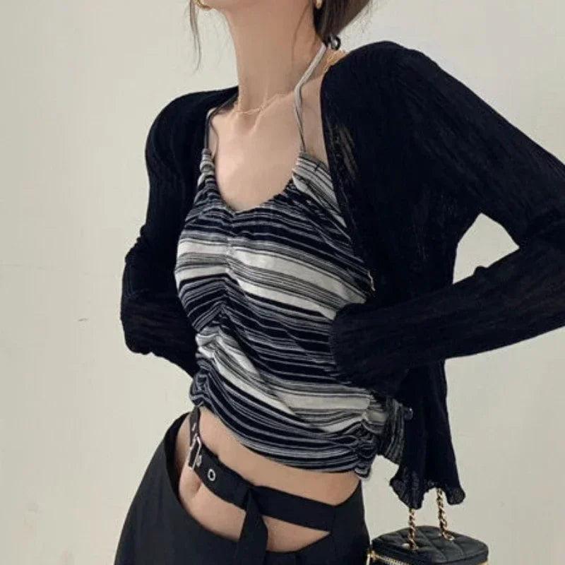 Women's Sunscreen Cardigan V-Neck Thin Casual Long-Sleeved Solid Blouse Tops for Woman Summer Black White Y2K Casual Shirt