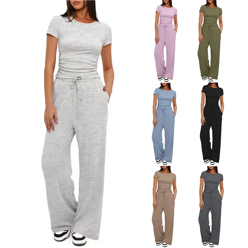 Summer Two-Piece Wide-Leg Pants Set Women Solid Color Casual Short Sleeve Tops Elastic Waist Loose Sports Pants Suit Female