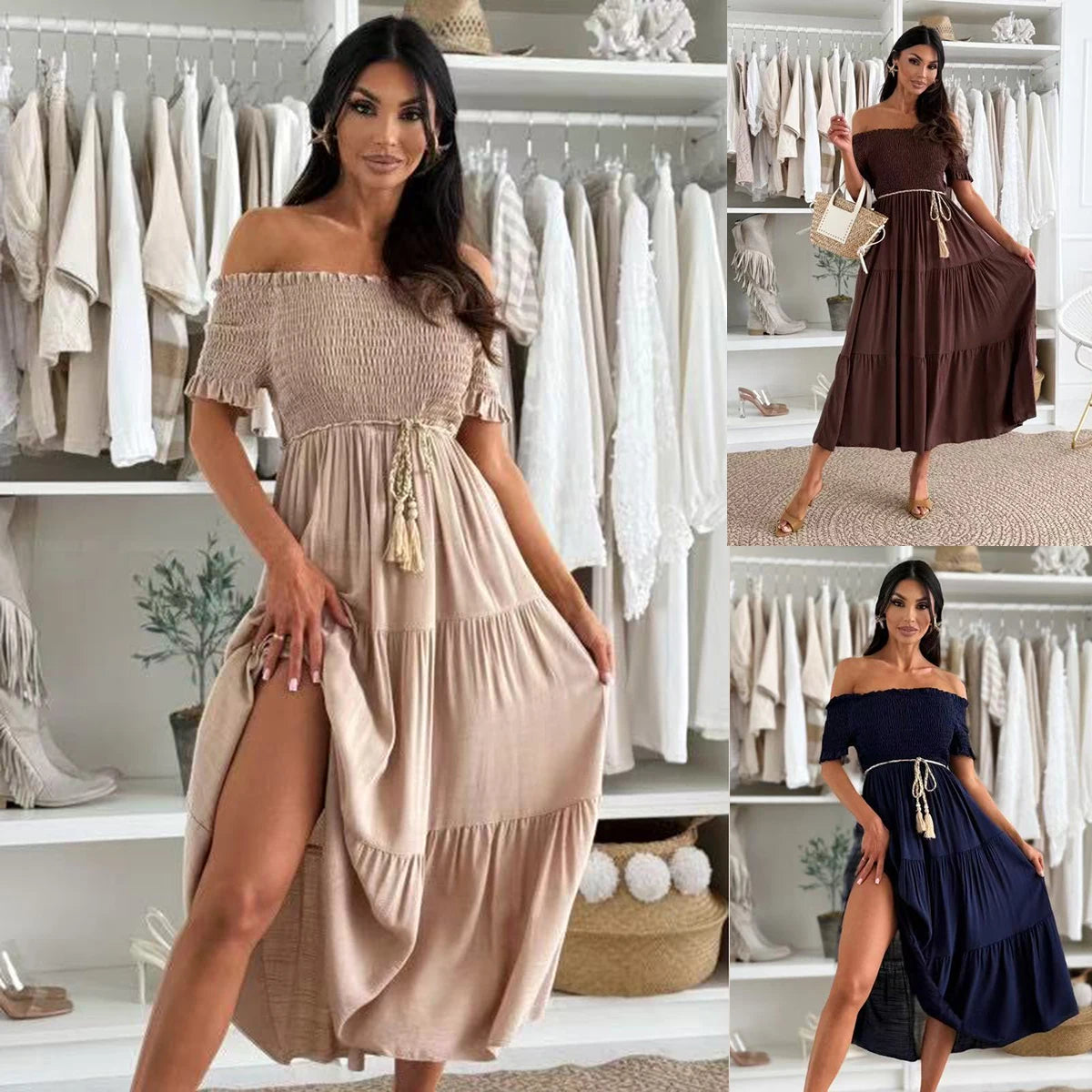 Summer Boho Smocked Maxi Dresses for Women  Ruffle One Shoulder Pure Color Clothing   Elegant Swinging Dress