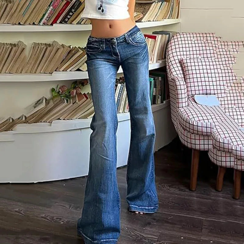 Y2K Vintage Flare Jeans for Women Sexy Low Rise Slim Fit Stretch Washed Denim Pants Harajuku Streetwear Wide Leg Jean Trousers