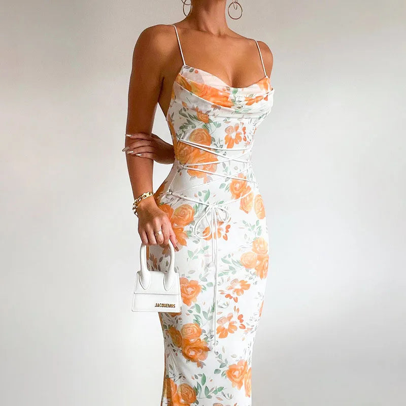 Fashion Temperament Elegant Waist Long Skirt Europe and The United States Wind Halter Print Slim Strapped Dress